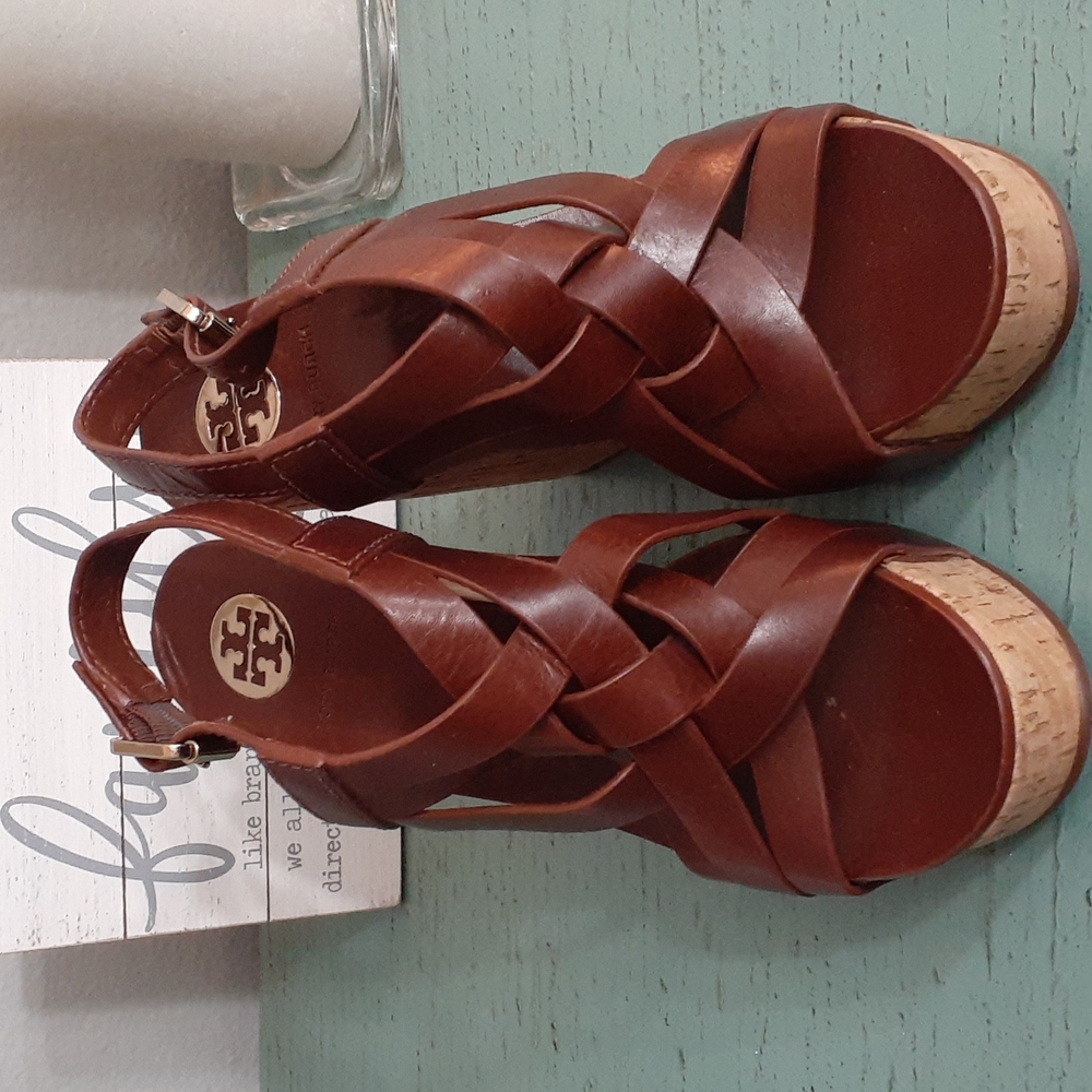 Tory Burch Brown Leather Wedge Sandals with Cork Platform